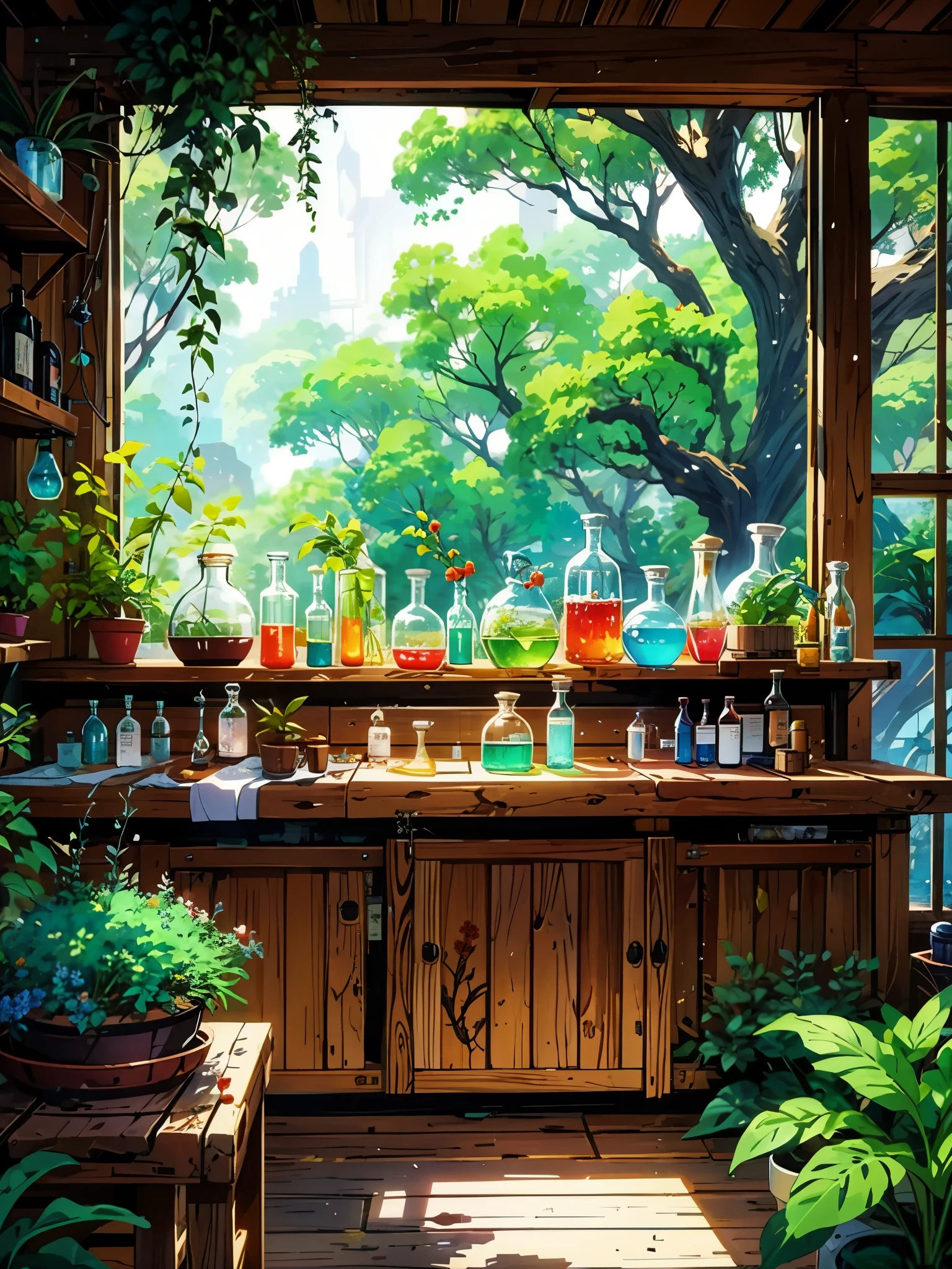 a room filled with lots of bottles and plants, fantasy alchemist laboratory, magic lab background, laboratory background, magic laboratory setting, mysterious laboratory, lab background, alchemy laboratory, plants in scientific glassware, alchemist lab, secret lab, laboratory, lab, science lab, alchemist library background, magical botanic, smoky laboratory, studio ghibli environment, anime nature wallpap