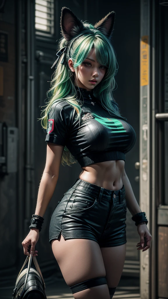 wide hips, flequillo de pelo, raidenshogun clothes, light green hair, punk girl, hair ribbon, brained hair, fine, shini skin, brown skin, 1 girl, dog ears, hair over eyes, hair over two eyes, huge hips, black messi shirt, very short shorts blue