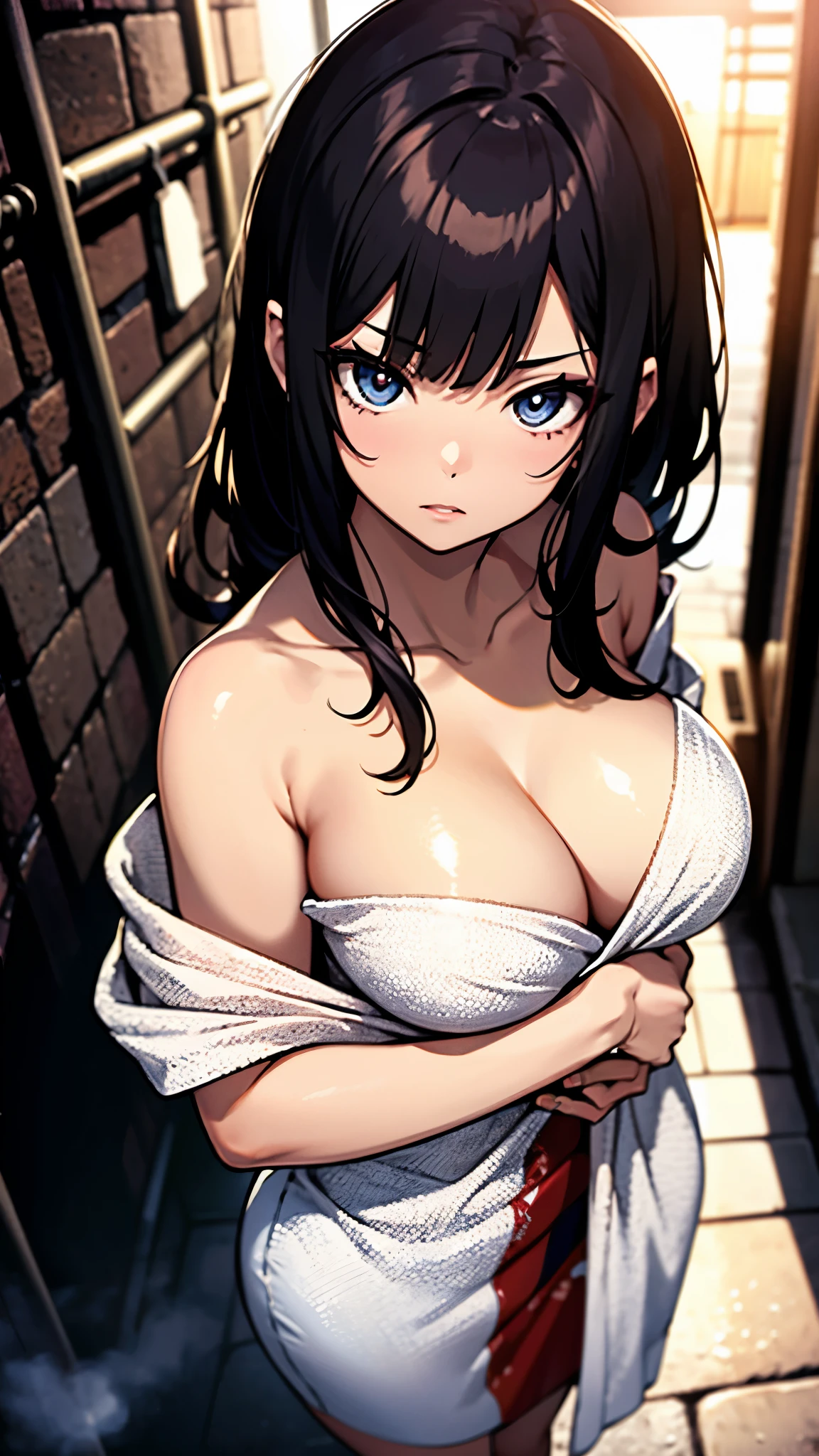 1girl:1.3), Masterpiece, Best quality, amazing beauty, [[3D]], 4K, absurdres, finely detail, super detailed eye, perfect anatomy, official art, cinematic lighting, BREAK, open air bath, rotenburo, silky medium long hair, blunt bangs, ahoge, black hair, super shiny detailed brown eyes, big eyes, tareme, cute eyes, thin eyebrow, Turning Head Away, full lips, embarrassed, BREAK , big breasts, tall, slender, pale skin, glistening skin, hand on chest, cowboy shot, shoot from above, Dimly light, BREAK , (bath towel:1.2), (bare shoulders:1.2), (Cleavage is visible:1.2), BREAK,