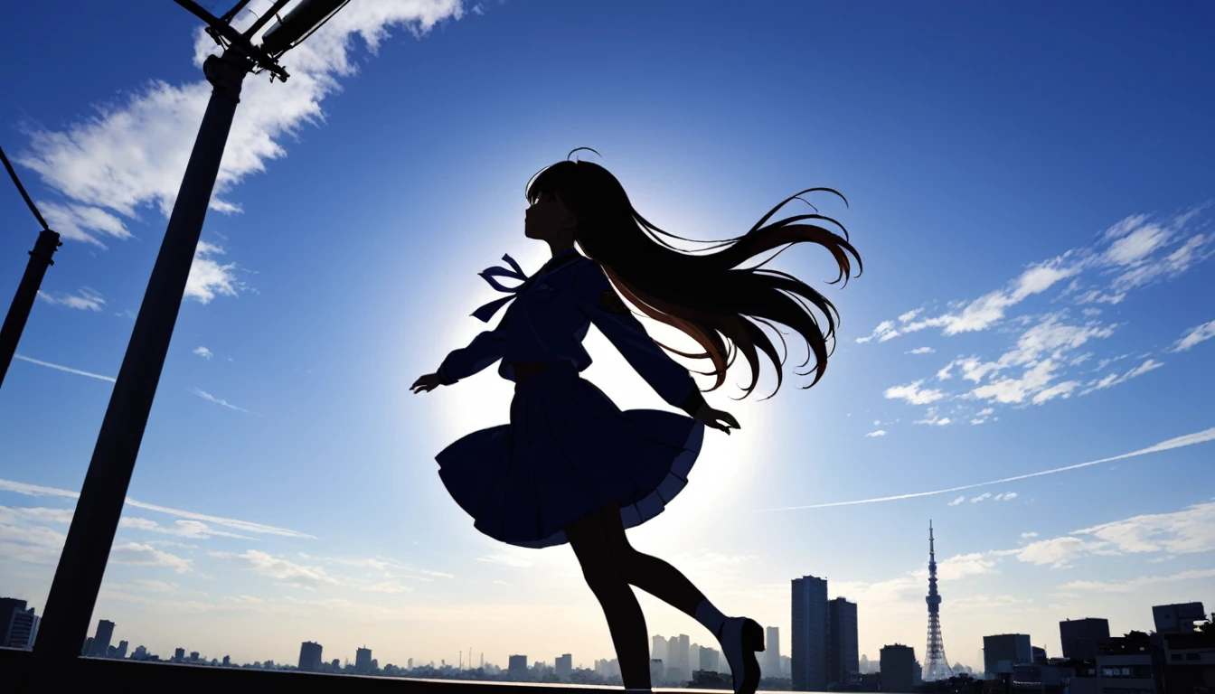 silhouette、simple、logo、girl、long hair、Hair swaying in the wind。uniform、Tokyo、Shibuya、Landscape screen、