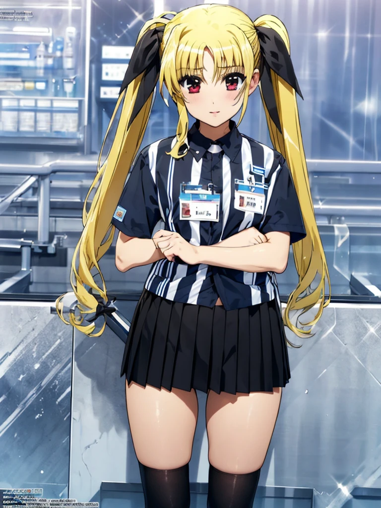 nsfw , Fate Testarossa , lyrical nanoha , (((highres official art))) , (((1girl))) , (((solo))) , (((blondehair))) , (((twintails))) , (((black ribbon))) , best quality, highres, yo, lawson uniform, employee uniform, shirt, name tag, short sleeves, striped shirt, striped, vertical-striped shirt, blue shirt, vertical stripes, alternate costume,(((lift skirt))), (((skirt hold))) , (((black thong))) 