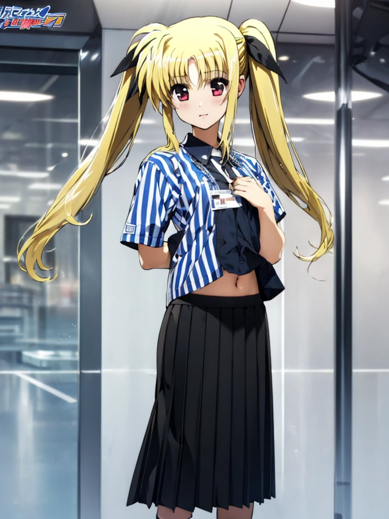 nsfw , Fate Testarossa , lyrical nanoha , (((highres official art))) , (((1girl))) , (((solo))) , (((blondehair))) , (((twintails))) , (((black ribbon))) , best quality, highres, 12yo, lawson uniform, employee uniform, shirt, name tag, short sleeves, striped shirt, striped, vertical-striped shirt, blue shirt, vertical stripes, alternate costume,(((lift skirt))), (((skirt hold))) , (((black thong))) 