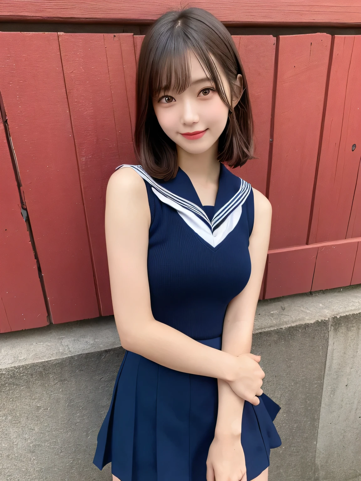 In detail,Full body photo、Blonde、 One high school girl、High resolution, high quality、Slim body、Perfect dynamic composition, Beautiful fine details, Short Hair、Natural color lip,Kamimei、、Clear Skin、Sleeveless navy blue sailor suit、Green mini skirt、Thighs、Shiny Hair、最high quality, figure, Very detailed, In detail, High resolution, 8k、The correct state of the human body、Sculpture model pose,Red Wall,View your viewers、Thighs are visible、smile、