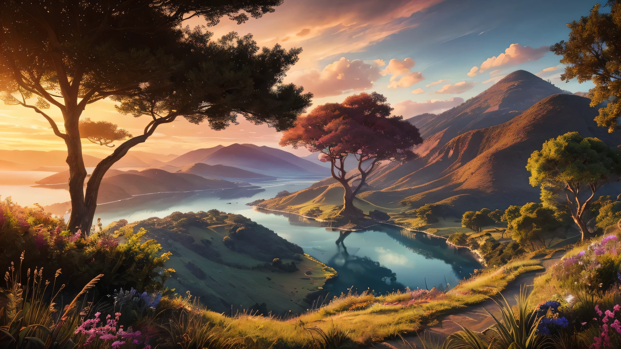 a stunning, breathtaking, fantastical, majestic landscape, epic sky, vast ocean, rolling hills, lush greenery, sweeping vistas, (best quality,4k,8k,highres,masterpiece:1.2),ultra-detailed,(realistic,photorealistic,photo-realistic:1.37),HDR,UHD,studio lighting,ultra-fine painting,sharp focus,physically-based rendering,extreme detail description,professional,vivid colors,bokeh,cinematic lighting,dramatic shadows,glowing highlights,ethereal atmosphere,dreamlike,surreal,fantasy,concept art