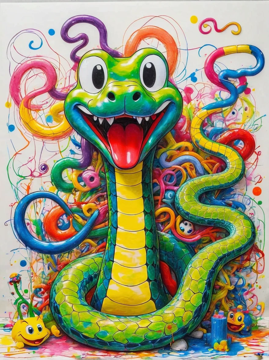 Drawing by Takashi Murakami and Peter 5 year olds scribble drawing of snake, messy, crayons on white construction paper, not good, full body drawiing, unfinished, 4K, octane render