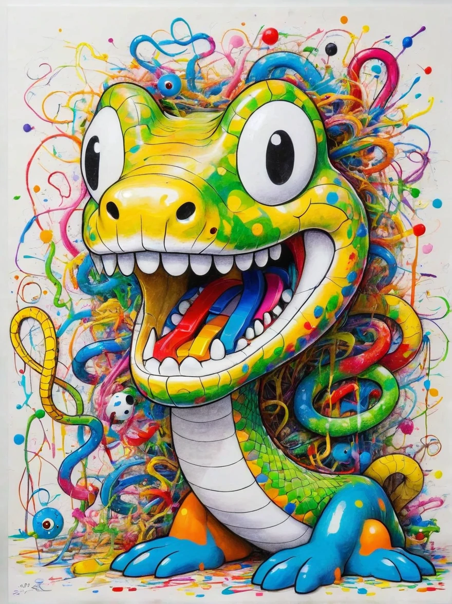 Drawing by Takashi Murakami and Peter 5 year olds scribble drawing of snake, messy, crayons on white construction paper, not good, full body drawiing, unfinished, 4K, octane render
