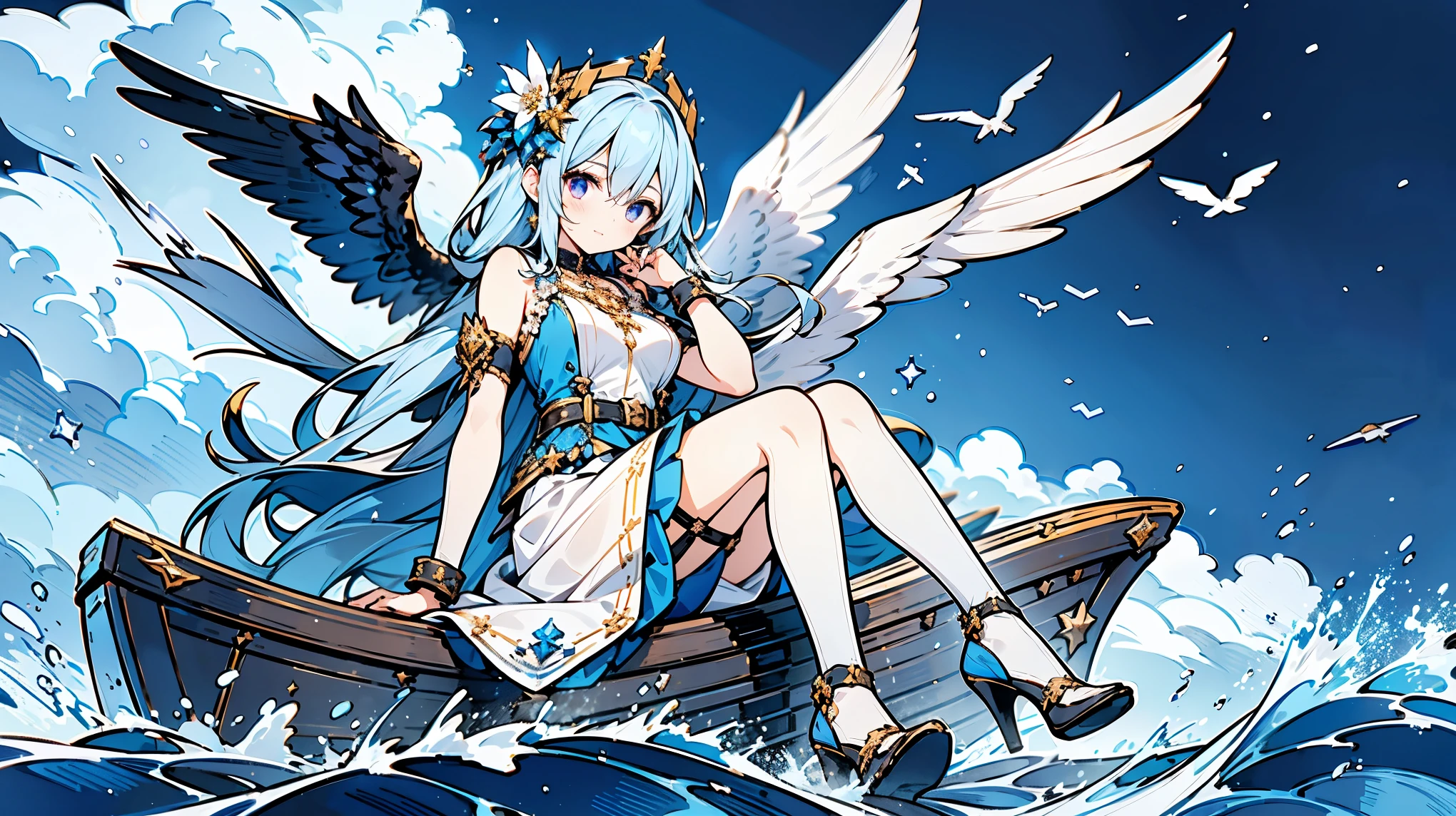 The character in this image is an animated female with long, deep blue hair adorned with flower-like accessories. She has striking violet eyes that stand out against her hair. She is wearing a sleeveless white dress with gold and blue trim, featuring nautical-inspired details such as anchor motifs and a ship's wheel. She has various badges or medals on her chest, indicating achievements or rank. The character is accessorized with wrist cuffs, a single arm sleeve on her left arm, multiple necklaces, and a prominent black belt with a star emblem. She is sitting on a fragment of a ship, with one hand behind her head and the other resting on her raised knee. She has large, white feathered wings emerging from her back, giving her a celestial or angelic appearance. The character is wearing black strapped heels with blue details, matching the overall color scheme. The background depicts a dynamic oceanic scene with splashing waves, seagulls, and flying ship fragments, emphasizing a maritime theme. Despite the chaos in the background, the character maintains a serene expression with a slight smile, exuding a sense of calm and composure. Overall, this character embodies a blend of elegance, strength, and a touch of fantasy, with a focus on nautical or celestial elements.