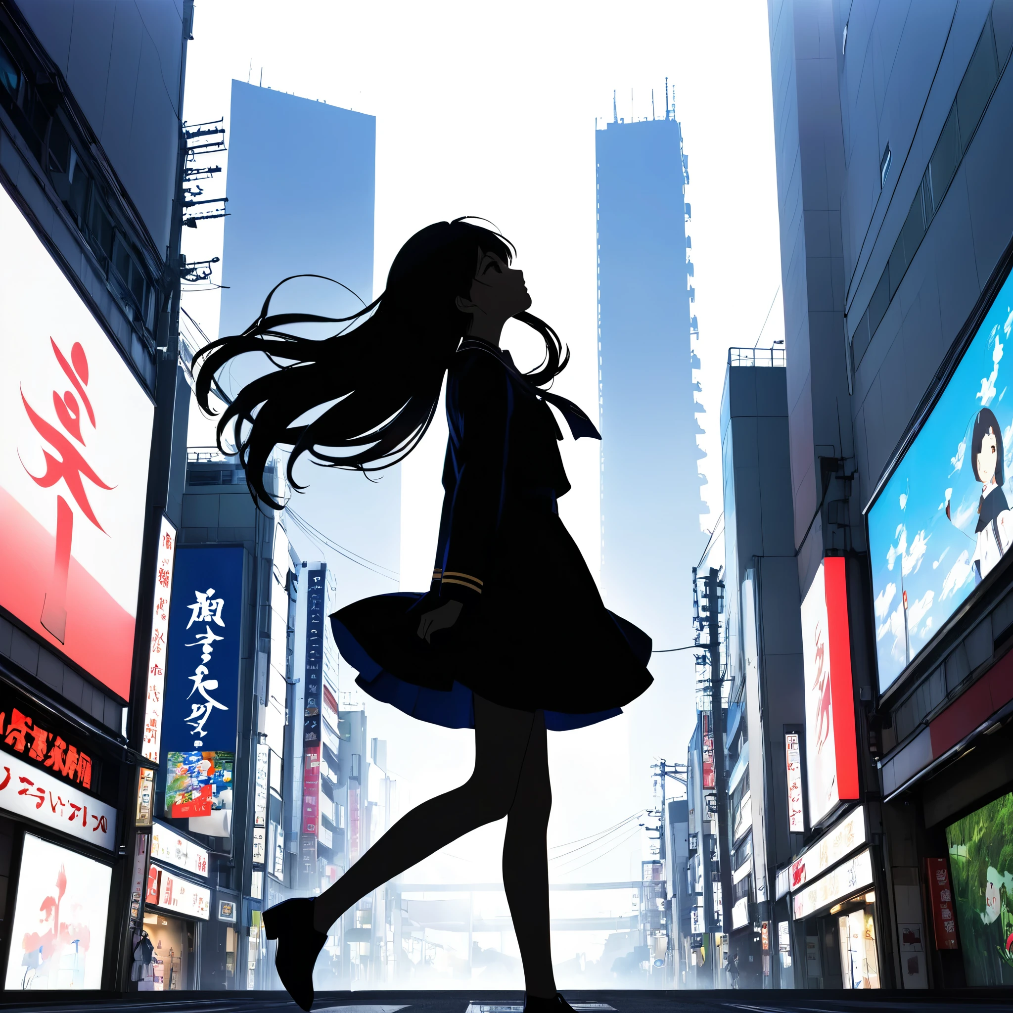 silhouette、simple、logo、girl、long hair、Hair swaying in the wind。uniform、Tokyo、Shibuya、Landscape screen、