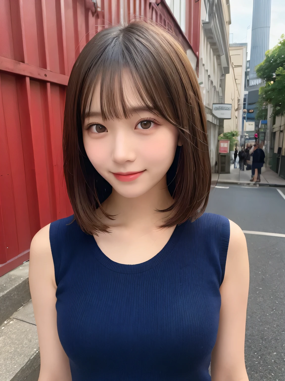 In detail,Full body photo、Blonde、 One high school girl、High resolution, high quality、Slim body、Perfect dynamic composition, Beautiful fine details, Short Hair、Natural color lip,Kamimei、、Clear Skin、Sleeveless navy blue sailor suit、Green mini skirt、Thighs、Shiny Hair、最high quality, figure, Very detailed, In detail, High resolution, 8k、The correct state of the human body、Sculpture model pose,Red Wall,View your viewers、Thighs are visible、smile、