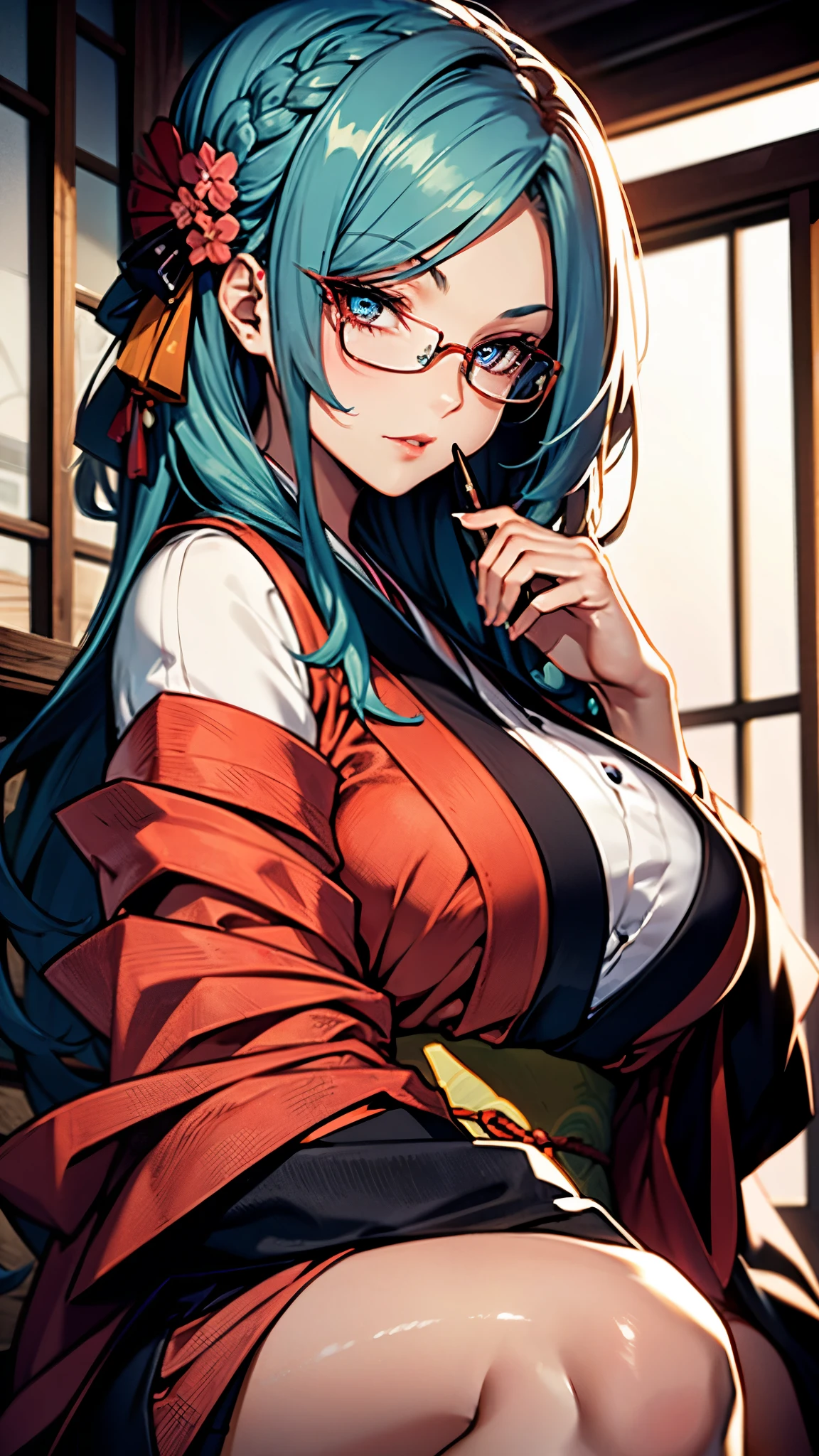 (1girl:1.3), Masterpiece, Best quality, amazing beauty, [[3D]], 4K, absurdres, finely detail, super detailed eye, perfect anatomy, official art, cinematic lighting, BREAK, kitchen, silky long hair, silky braid hair, blue hair, super shiny detailed brown eyes, big eyes, tsurime, cute eyes, thin eyebrow, Staring, full lips, mascara, Eyeshadow, False eyelashes, red lips, red round cell frame glasses, hairpin, Joyful, BREAK , big breasts, , slender, pale skin, glistening skin, praying hands, upper body, sitting, from front, Underlighting, BREAK , BREAK, (wearing beautiful kimono:1.2)