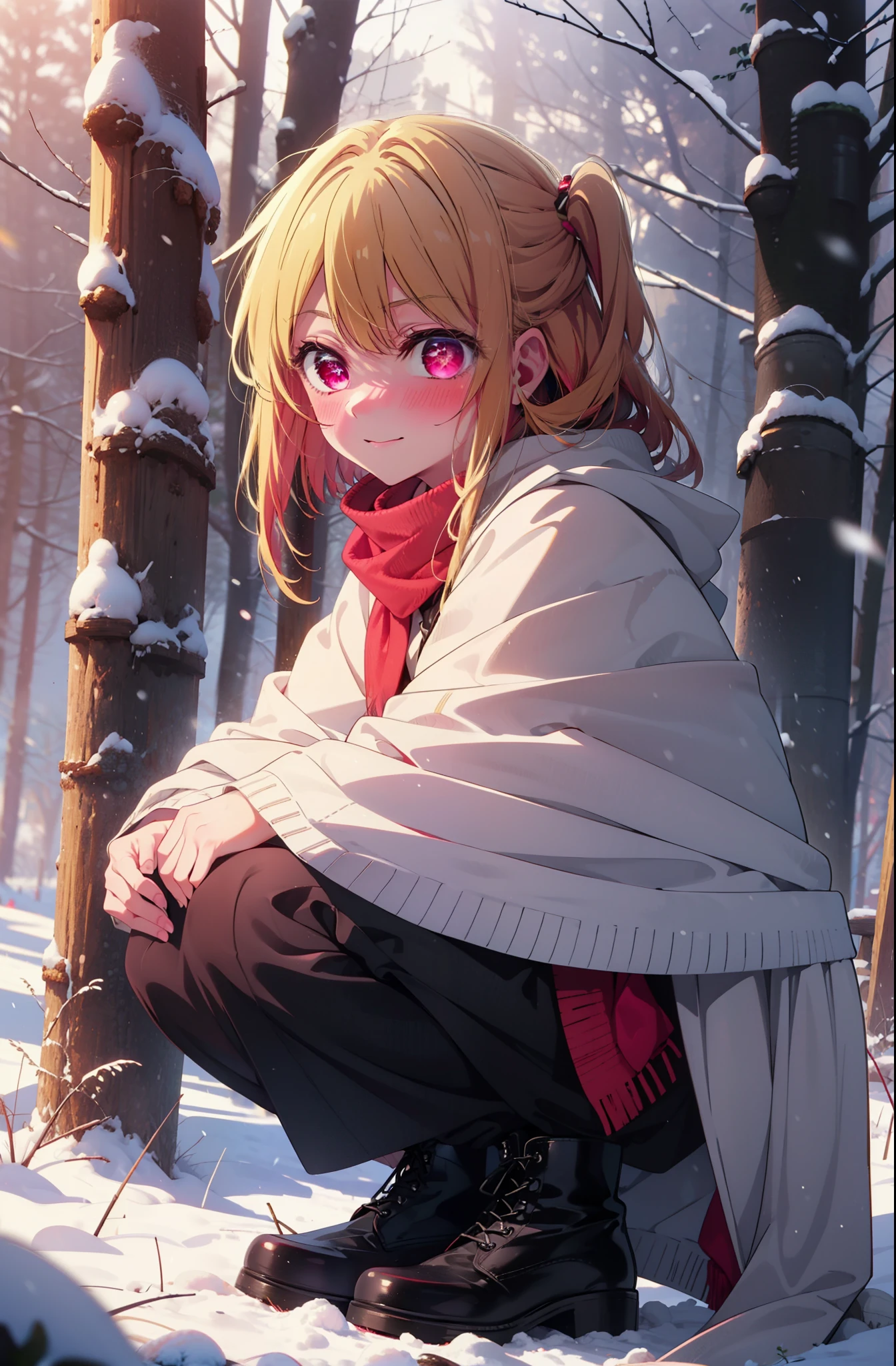 rubyhoshino, Hoshino Ruby, Long Hair, bangs, Blonde Hair, (Pink Eyes:1.3), Side Lock, (Symbol-shaped pupil:1.5), Multicolored Hair, Two-tone hair, smile,,smile,blush,White Breath,
Open your mouth,snow,Ground bonfire, Outdoor, boots, snowing, From the side, wood, suitcase, Cape, Blurred, , forest, White handbag, nature,  Squat, Mouth closed, Cape, winter, Written boundary depth, Black shoes, red Cape break looking at viewer, Upper Body, whole body, break Outdoor, forest, nature, break (masterpiece:1.2), highest quality, High resolution, unity 8k wallpaper, (shape:0.8), (Beautiful and beautiful eyes:1.6), Highly detailed face, Perfect lighting, Extremely detailed CG, (Perfect hands, Perfect Anatomy),