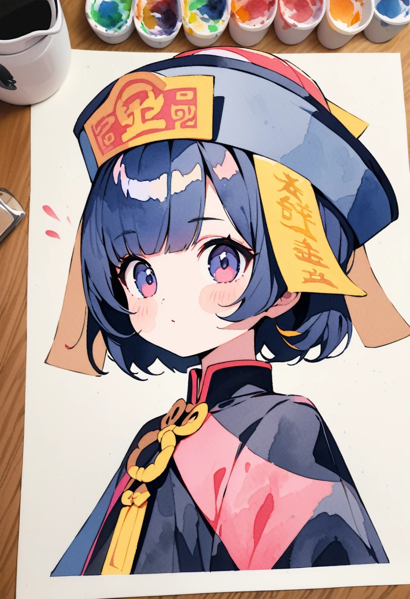 pop art,flat design,(masterpiece, best quality:1.1),
(ultra highres, ultra-detailed:1.2) ,Cute Jiangshi,navy hair,wavy short hair,(Watercolor:1.3),