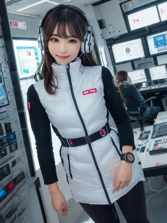 masterpiece, highest quality, Very detailed, 8K Portrait,Japanese Android Girl,plump , Control panel,Robotic arms and legs, Blunt bangs,,break (Metallic Gray, Metallic luster, Mirror finish, Astro Best):5,headphone:5,break (Black sleeves):100,Smart Watches,Futuristic space station,Control Room,break headphone,blue eyes,(Black Hair):2,(Long Hair):1.3,View the viewer,(respirator),break blush:3,Hidden Hand,smile
