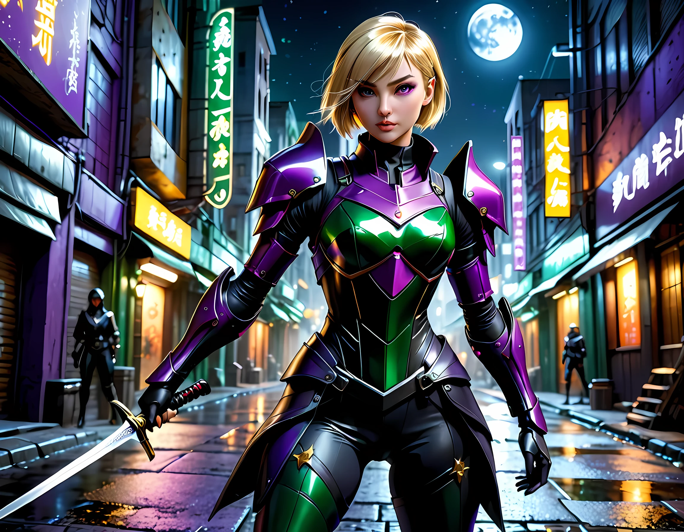 high details, best quality, 16k, [ultra detailed], masterpiece, best quality, (extremely detailed), full body, ultra wide shot, photorealistic, a picture of a woman assassin ready to combat in a dark alley, she holds a sword in hand, exquisite beautiful woman, she has pixie cut blond hair, emerald green eyes, she wears a (purple: 1.3) (tight leather suit: 1.4), the suit has mecha gadgets, dynamic color suit, she kneels in fantasy dark street of fantasy setting city, its night time, the moon is high in the sky, many stars in the night, high details, best quality, highres, ultra wide angle, DonMN1gh7XL, cybrk