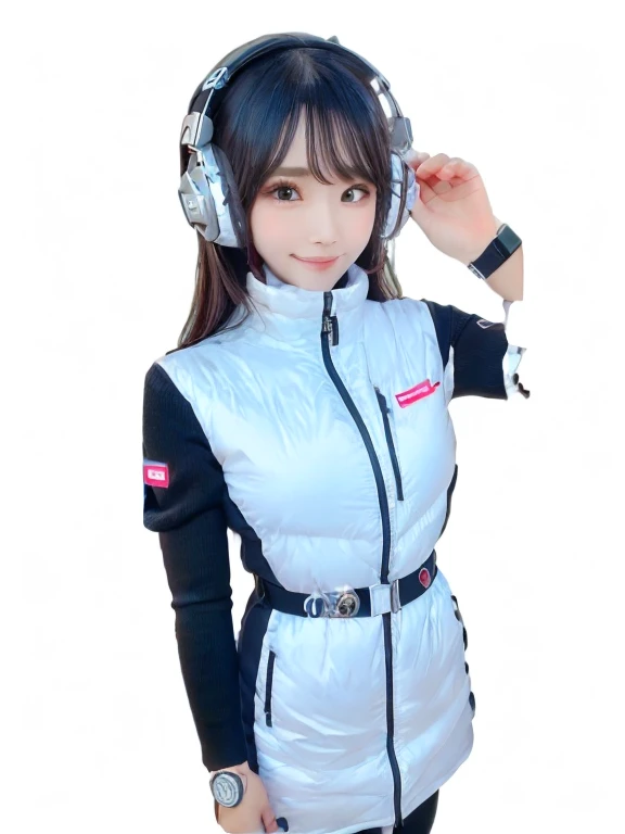 masterpiece, highest quality, Very detailed, 8K Portrait,Japanese Android Girl,plump , Control panel,Robotic arms and legs, Blunt bangs,,break (Metallic Gray, Metallic luster, Mirror finish, Astro Best):5,headphone:5,break (Black sleeves):100,Smart Watches,Futuristic space station,Control Room,break headphone,blue eyes,(Black Hair):2,(Long Hair):1.3,View the viewer,(respirator),break blush:3,Hidden Hand,smile