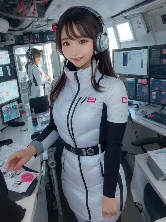 masterpiece, highest quality, Very detailed, 8K Portrait,Japanese Android Girl,plump , Control panel,Robotic arms and legs, Blunt bangs,,break (Metallic Gray, Metallic luster, Mirror finish, Astro Best):5,headphone:5,break (Black sleeves):100,Smart Watches,Futuristic space station,Control Room,break headphone,blue eyes,(Black Hair):2,(Long Hair):1.3,View the viewer,(respirator),break blush:3,Hidden Hand,smile