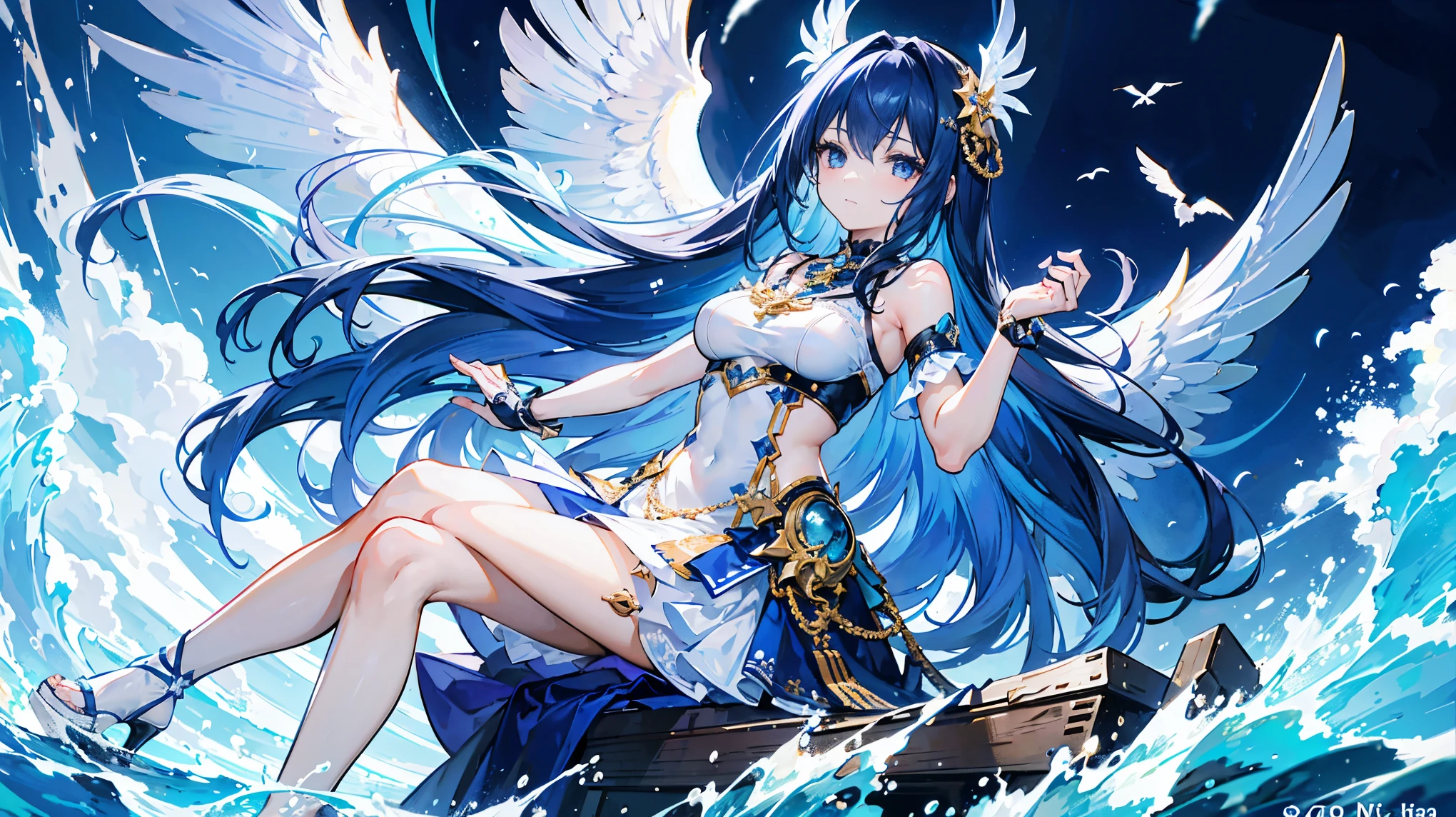 The character in this image is an animated female with long, deep blue hair adorned with flower-like accessories. She has striking violet eyes that stand out against her hair. She is wearing a sleeveless white dress with gold and blue trim, featuring nautical-inspired details such as anchor motifs and a ship's wheel. She has various badges or medals on her chest, indicating achievements or rank. The character is accessorized with wrist cuffs, a single arm sleeve on her left arm, multiple necklaces, and a prominent black belt with a star emblem. She is sitting on a fragment of a ship, with one hand behind her head and the other resting on her raised knee. She has large, white feathered wings emerging from her back, giving her a celestial or angelic appearance. The character is wearing black strapped heels with blue details, matching the overall color scheme. The background depicts a dynamic oceanic scene with splashing waves, seagulls, and flying ship fragments, emphasizing a maritime theme. Despite the chaos in the background, the character maintains a serene expression with a slight smile, exuding a sense of calm and composure. Overall, this character embodies a blend of elegance, strength, and a touch of fantasy, with a focus on nautical or celestial elements.
