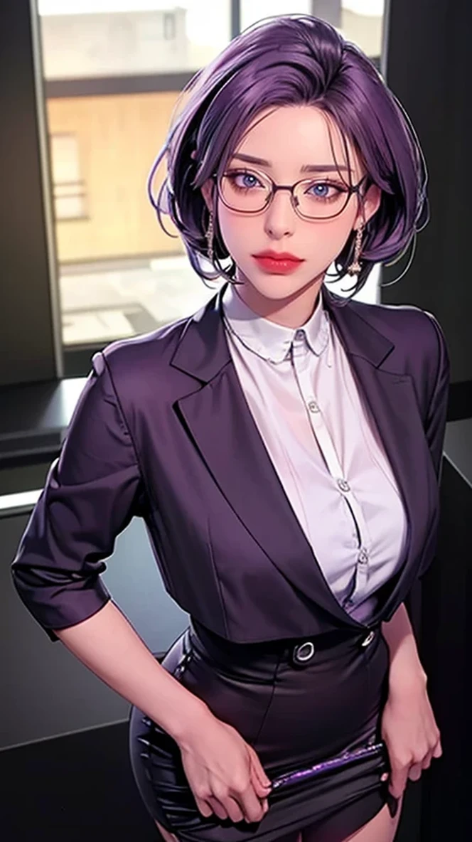 （（（Perfect number，number，put， Grey shirt，Hip skirt（（（JMT,Glasses,Purple Hair,short hair,Purple Eyes,Mihondov，Purple Eyes，Purple Hair，Medium Length Hair，）））型number:1.7））），((masterpiece)),high resolution, ((Best quality at best))，masterpiece，quality，Best quality，（（（ Exquisite facial features，Looking at the audience,There is light in the eyes，Happy，Interweaving of light and shadow，））），（（（Looking at the camera，black background)）））
