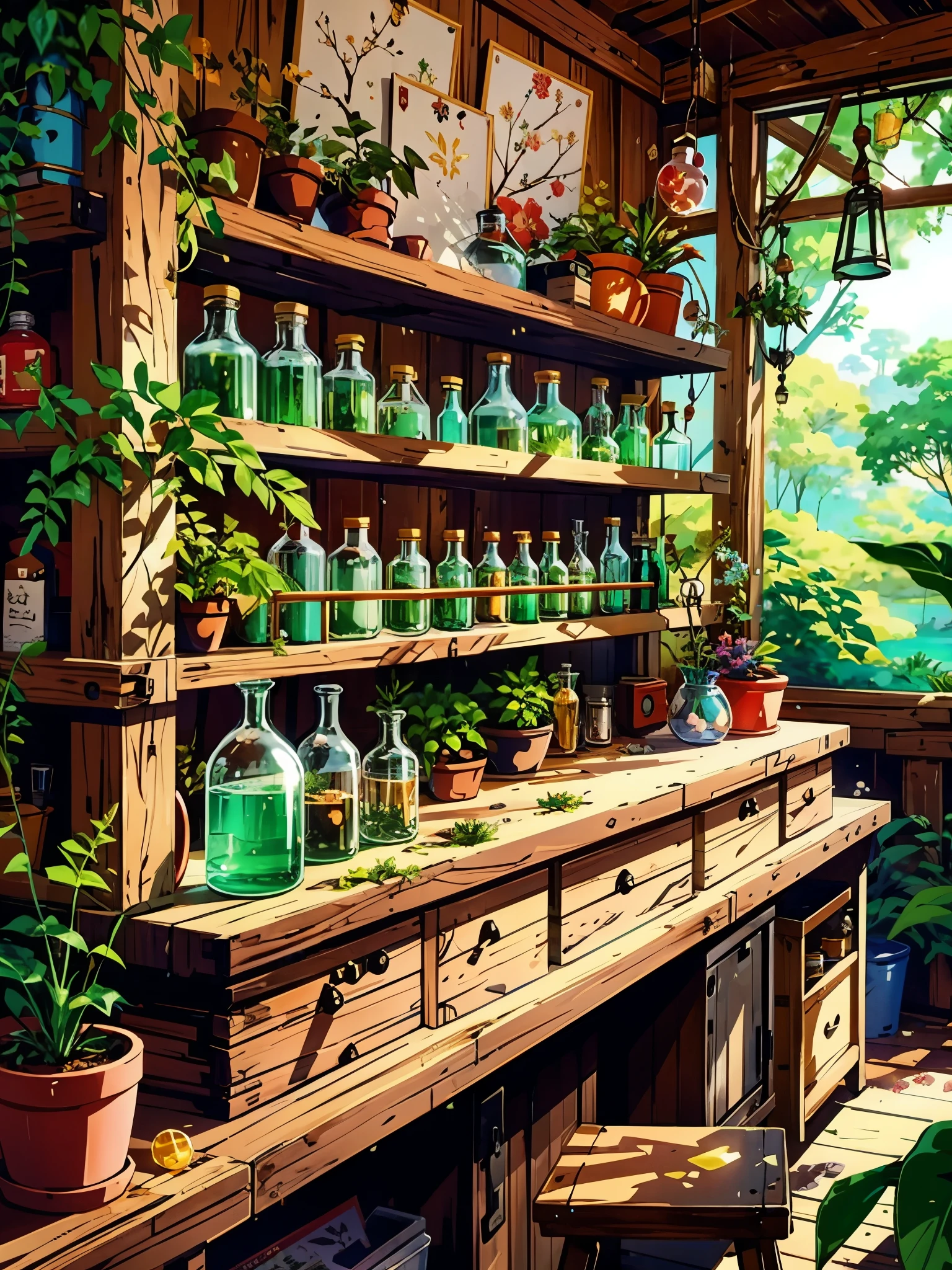 a room filled with lots of bottles and plants, fantasy alchemist laboratory, magic lab background, laboratory background, magic laboratory setting, mysterious laboratory, lab background, alchemy laboratory, plants in scientific glassware, alchemist lab, secret lab, laboratory, lab, science lab, alchemist library background, magical botanic, smoky laboratory, studio ghibli environment, anime nature wallpap