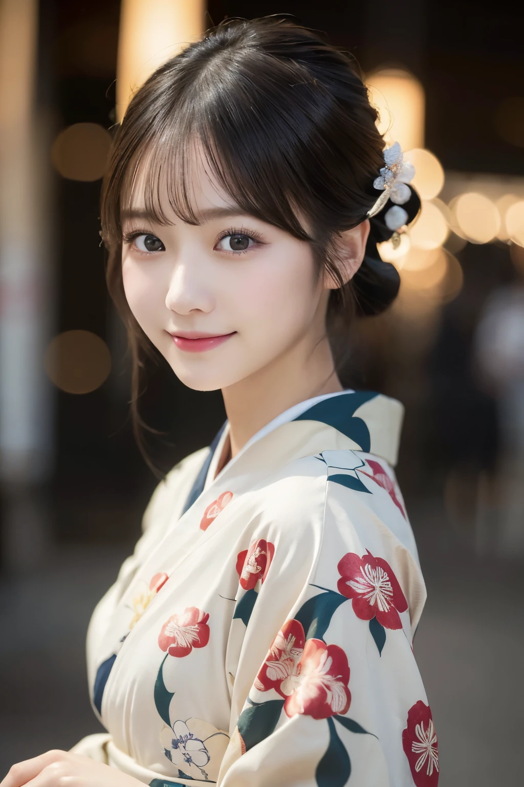 （kimono）、masterpiece、beautiful girl、Beautiful fine details、highest quality, 超A high resolution, (reality: 1.2), Cinema Lighting、(Japanese Girls)、so beautiful、Beautiful Skin、(Looking at the audience)、(Surreal)、(High resolution)、(8k)、(Very detailed)、(Beautiful details)、(Very detailed)、 (wallpaper)、Detailed face、Bright lighting、Professional Lighting、smile