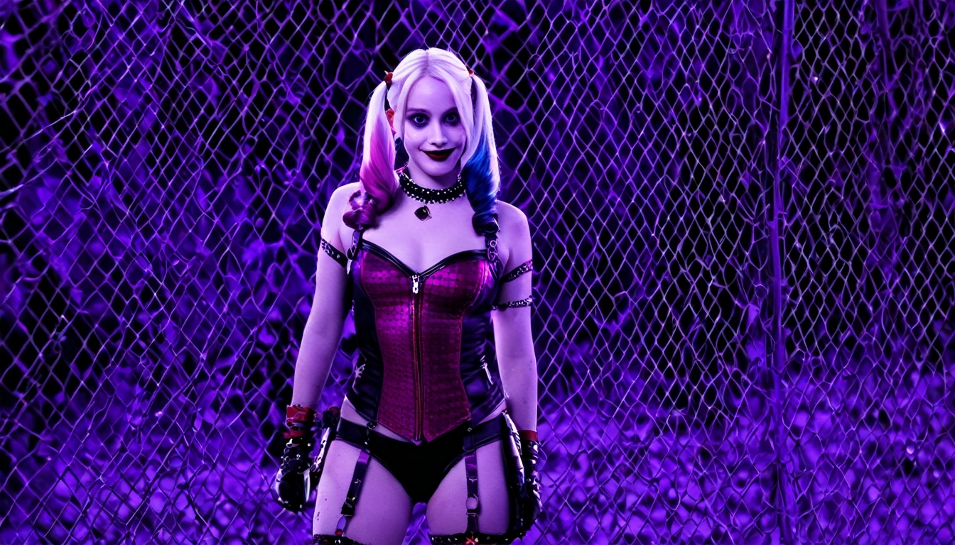 harley quinn, pelo purpura, cuerpo escultural, lenceria purpura, sosteniendo triple cadena para perros bravos