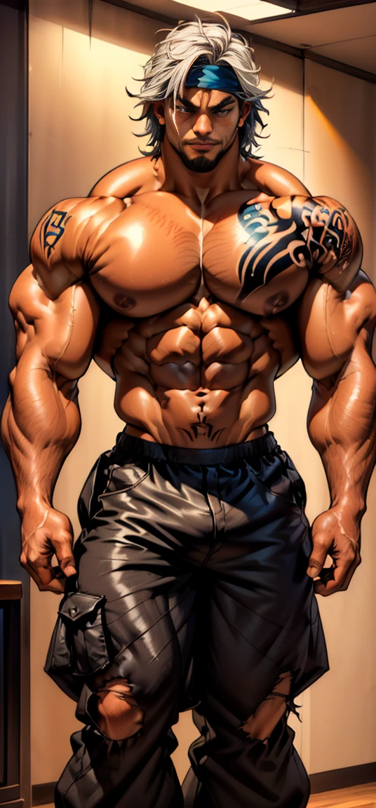 Bust photo, perfectly exposed eight-pack abs, ((Exaggerated muscles, exaggerated shoulders, very muscular and huge)), (muscles, hairy body, muscular men, tall men, big toes, abs, big thighs, wide shoulders, open chest)), ((facial and eye details), ((trim)), (square jaw)(nsfw), ((((bare chest, bare torso)))), (male tribe, ((male, boy, male, male, male, male, only male, 1 person, male)), ((((18 years old)))), muscular man, ((male muscle)), handsome face, ((white hair), short), very short spiky hair, bleached grey hair with blue headband, Under the hair)))), ((grey eyes :1.3)), complex eyes, beautiful detailed eyes, symmetrical eyes, big eyes :1.5, ((tanned skin, tanned skin, shiny skin :1.5), tanned skin, bright skin :1.5, tanned skin, shiny skin, very shiny body)), (exaggerated muscles, Exaggerated shoulders, very muscular and huge)), (muscular, hairy body, muscular men, tall men, big toes, abs, big thighs, wide shoulders, open chest), (facial and eye details), ((slim), (square jaw)(nsfw), ((((bare chest, bare torso)))), (barefoot,), (Lift pants), (Tattoo and mark :1.5), ((Tattoo and mark :1.5)), (Topless, topless,), wearing baggy shorts :1.3, baggy shorts), (torn clothes, frosted clothes, complicated clothes)), dynamic pose, looking at your muscles, (serious), (through the eyes), middle, proper proportions, Three Laws, (White cloth covering the whole picture), winter, landscape :1.25, (half squatted in the corner of the room), (dim background), walls are beautiful wallpaper, (low room), extreme landscape, light blue yarn, modern style, dim room, (sunrise, light blue moment), (no glossy fabric decoration), high resolution, clear focus, (Super Detailed, very detailed), (Realistic artwork :1.37), (Very detailed CG unified 8k wallpaper), (Bright colors, vibrant theme), (Complex), (Masterpiece), (best quality), Art photography, (DSLR photography), (Complex background), Perfect