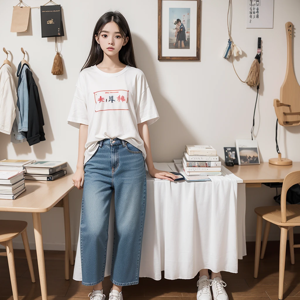 1 Girl，19-year-old junior Chinese language student，Natural expression，Bright eyes，Smooth long hair，Wearing a simple loose white T-shirt、Jeans and white shoes。Dormitory Background，There is a white wall in the background，There is a set of Hanfu and countless dolls hanging on the wall，There are two piles of new and old clothes on the ground.，There is also a table in the background，There are a few books and notebooks on it.。Upper body photo，Highlights，Background is more blurred than the characters，Only one person in the photo