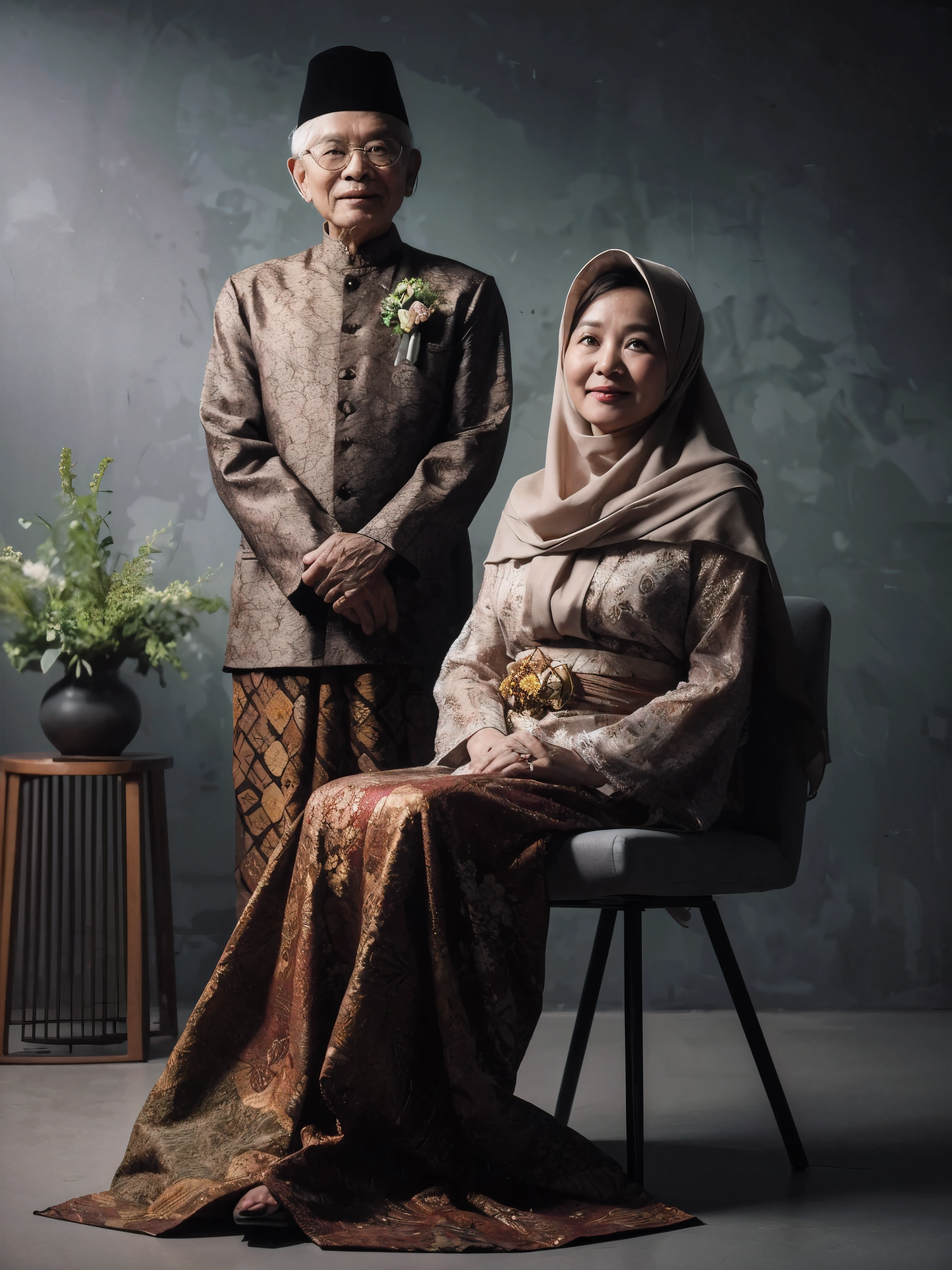 photography, indoor photo, full body, a 55-year-old Indonesian woman sitting in a chair, wearing a headscarf, wearing a long batik dress, behind her stands a 55-year-old father with a clean face, very short hair, wearing formal batik clothes, smiling, abstract gray studio background, green flower vase, details, good lighting, professional photography, HD, 8K