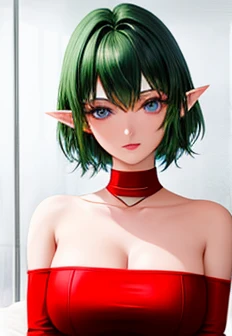 Medium short length green hair:2.0, Red off-the-shoulder bodycon tube dress ,Red long arm covers,Elf Girl,(Big Breasts),blue eyes,masterpiece,highest quality,Very delicate,8K