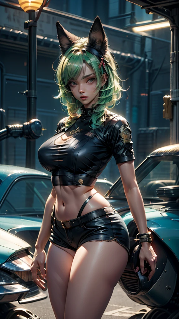 wide hips, flequillo de pelo, raidenshogun clothes, light green hair, punk girl, hair ribbon, brained hair, fine, shini skin, brown skin, 1 girl, dog ears, hair over eyes, hair over two eyes, huge hips, black messi shirt, very short shorts blue