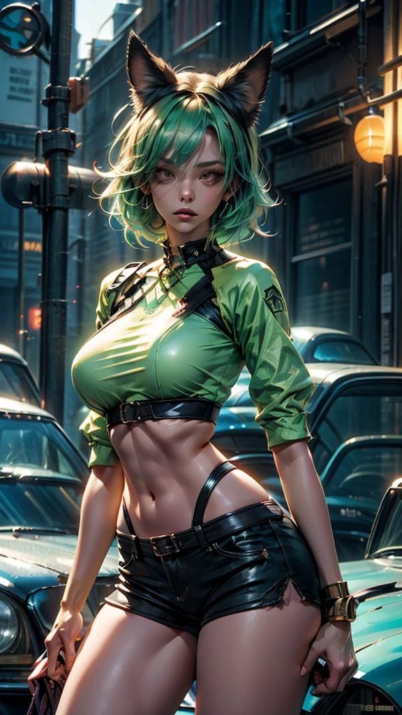 wide hips, flequillo de pelo, raidenshogun clothes, light green hair, punk girl, hair ribbon, brained hair, fine, shini skin, brown skin, 1 girl, dog ears, hair over eyes, hair over two eyes, huge hips, black messi shirt, very short shorts blue