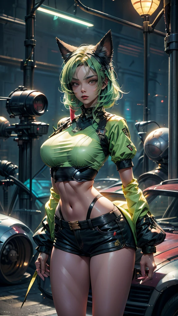 wide hips, flequillo de pelo, raidenshogun clothes, light green hair, punk girl, hair ribbon, brained hair, fine, shini skin, brown skin, 1 girl, dog ears, hair over eyes, hair over two eyes, huge hips, black messi shirt, very short shorts blue