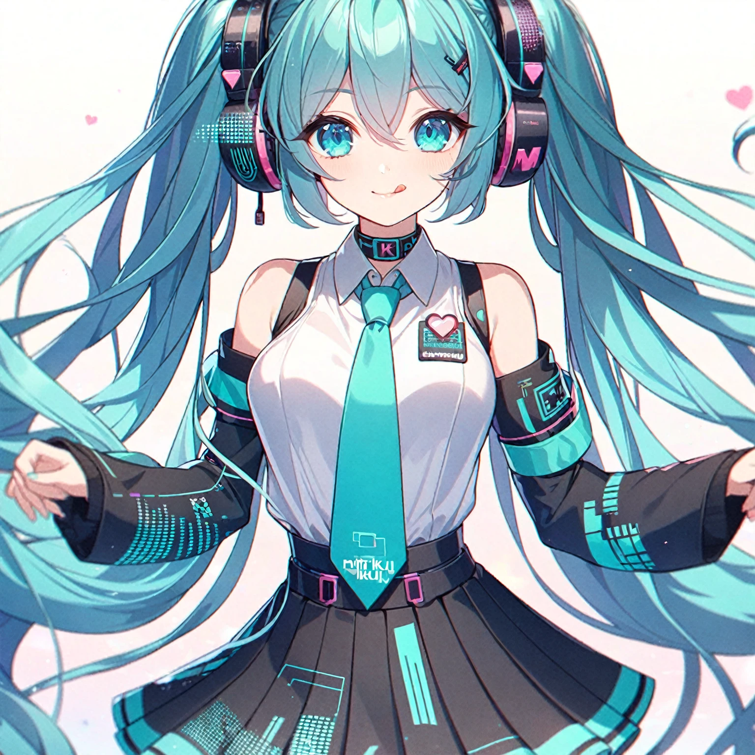 Long blue hair anime girl with headphones and tie, Anime Style 4k, Mikudayo, portrait of hatsune Miku, hatsune Miku portrait, hatsune Miku, Turquoise hair anime girl, hatsune Miku short hair, Vocaloid, Nightcore, Anime Art Wallpapers 8K, anime art wallpaper 4k, anime art wallpaper 4k, Miku{best quality}, {very aesthetic}, {ultra-detailed}, {best illustration}, nsfw, smile, upturned eyes, lips, tongue out, cum on tongue, chin up, close up