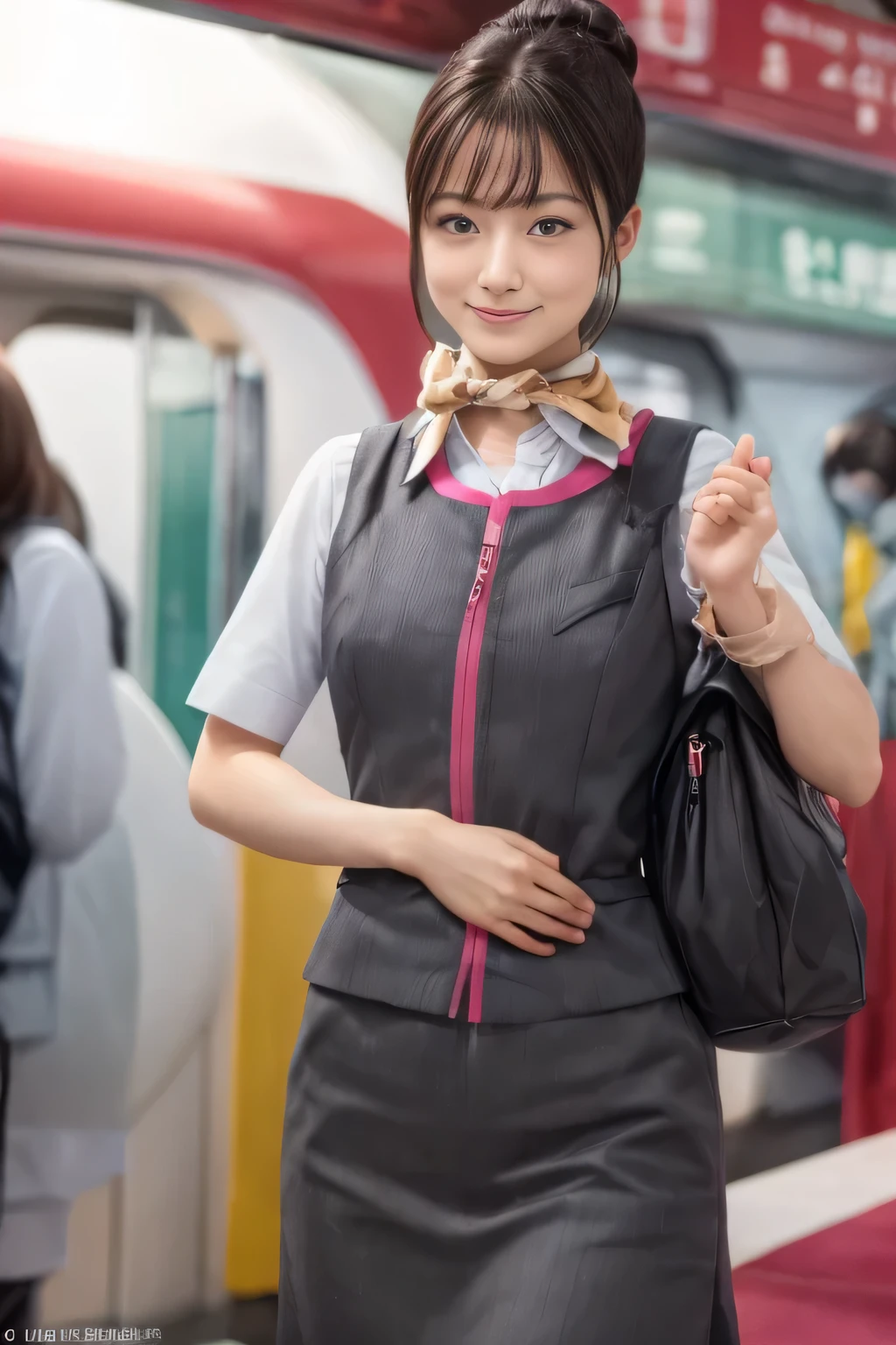 (masterpiece:1.2, highest quality:1.2), 32K HDR, High resolution, (alone、1 girl)、（At the station platform、Professional Lighting）、Background of an empty station platform、（Realistic style of JR Gran Class crew wearing uniform）、Short sleeve blouse、a scarf around the neck、（JR Gran Class flight attendant uniform with pink parts on the skirt sleeves）、（JR Gran Class flight attendant uniform with pink line on front zipper of vest）、Dark brown hair、（Hair tied up、Hair Bun、Hair Bun）、Dark brown hair、Long Shot、Big Breasts、（（Great hands：2.0）），（（Harmonious body proportions：1.5）），（（Normal limbs：2.0）），（（Normal finger：2.0）），（（Delicate eyes：2.0）），（（Normal eyes：2.0））)、Luxury Necklace、smile、Beautiful standing posture,Place your hands around your stomach