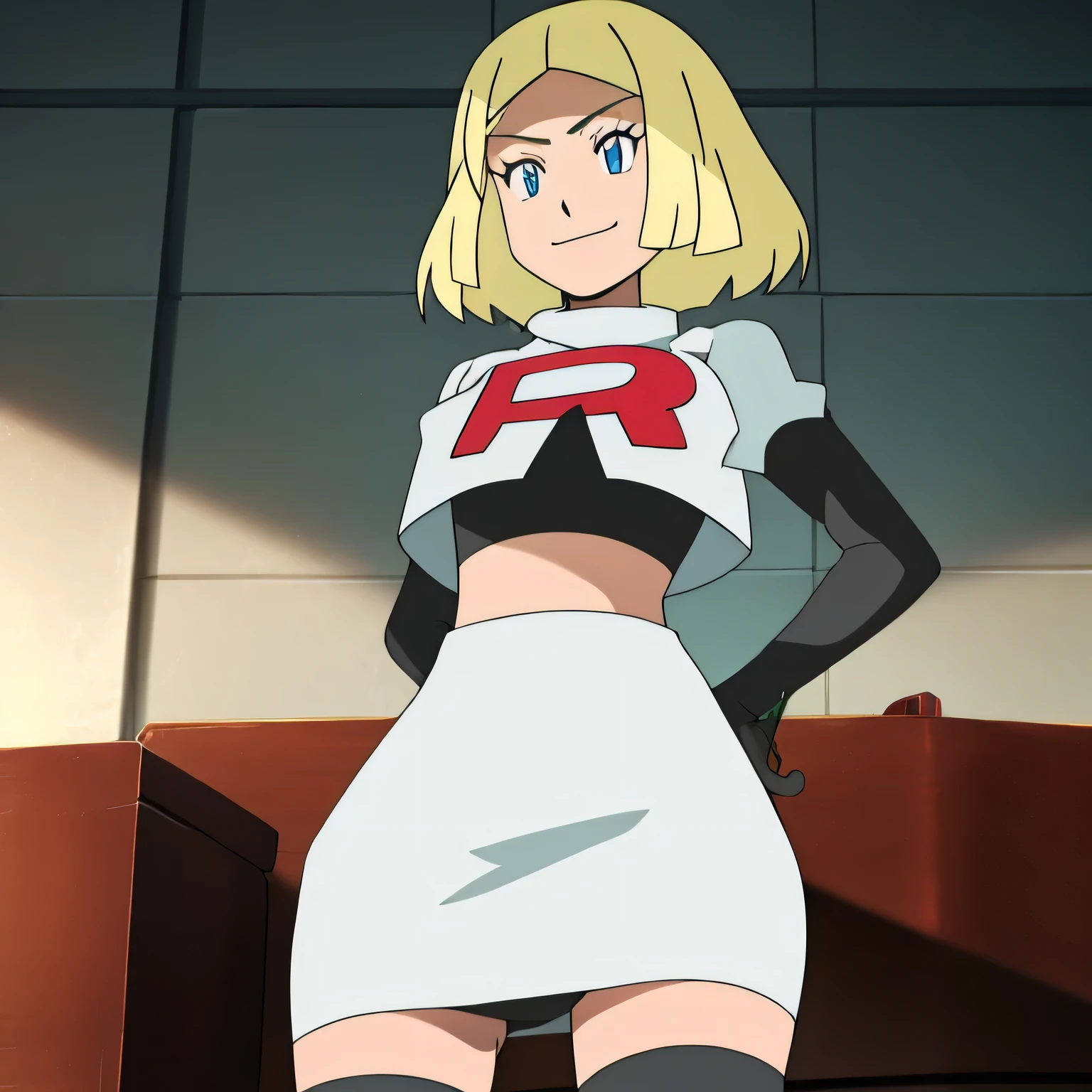 zelda, crown braid,short hair,blonde hair,masterpiece,best quality,high res,high quality,8k, masterpiece,highres, team rocket uniform, red letter r, white skirt,white crop top,black thigh-high boots, black elbow gloves, sadistic smile, looking down at viewer, hands on hips, cowboy shot, zettai ryouiki,sitting on toilet.spread legs,from below, black panties,detailed facial features, highly detailed, 8k, photorealistic, vibrant colors, dramatic lighting, cinematic composition,