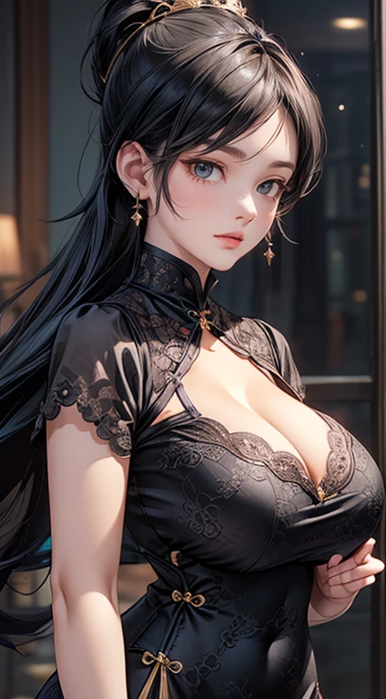 beautiful, Perfect body proportions,( (((Large Breasts、Breast sagging、Low-cut,Cleavage ,Wide hips,)))((Long legs)),Hourglass figure))), Beautiful curves, plump, Slim, Black lace cheongsam with gold trim, High Ponytail, Reality