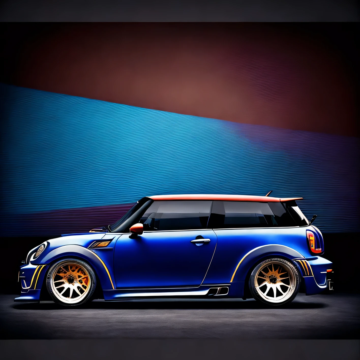 T shirt design, faded background edges, Classic London background, Vibrant colours design bright blue R55 Mini Cooper S Clubman Wagon in tunnel design impactful colourful paint highly detailed vibrant colours wide view, sharp high contrast high saturated ((carbon fibre, Liberty walk ultra wide body kit)), aggressive stance ((background: racetrack outside old industrial style building large windows in background heavy industrial look)), 64K quality realistic realism sharp detailed ultrawide black and carbon fibre and deep colour scheme front profile epic stance epic ultra wide body kit aggressive looks vector image with faded out backgrounds edge