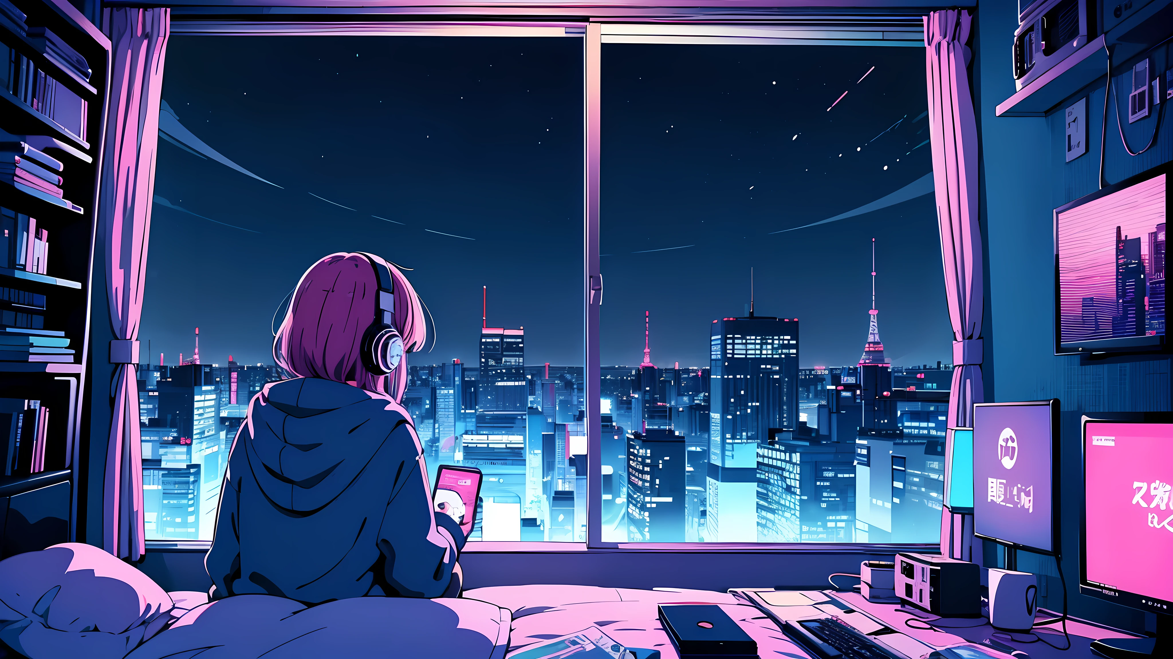 Ultra wide angle, (from behind), Girl listening to music with headphones on bed, anime girl, Girl listening to music in a cozy room (night), Using headphones, on the roof, (beautiful night views from windows), Lots of things, 2D anime style, The aesthetics of anime in the 90s, lo-fi, very detailed, hard disk, A mix of anime style and Fujifilm, surreal, 8K, masterpiece