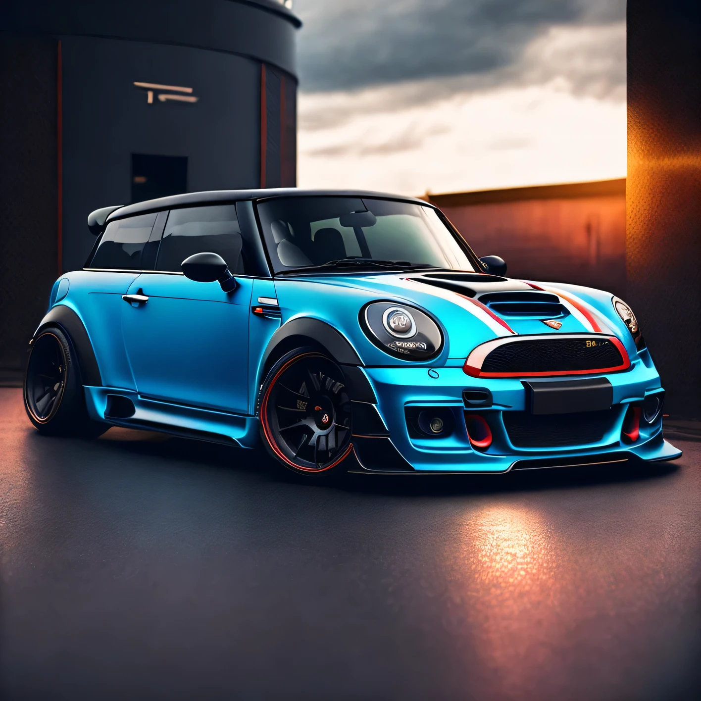 T shirt design, faded background edges, Classic London background, Vibrant colours design bright blue R55 Mini Cooper S Clubman Wagon in tunnel design impactful colourful paint highly detailed vibrant colours wide view, sharp high contrast high saturated ((carbon fibre, Liberty walk ultra wide body kit)), aggressive stance ((background: racetrack outside old industrial style building large windows in background heavy industrial look)), 64K quality realistic realism sharp detailed ultrawide black and carbon fibre and deep colour scheme front profile epic stance epic ultra wide body kit aggressive looks vector image with faded out backgrounds edge