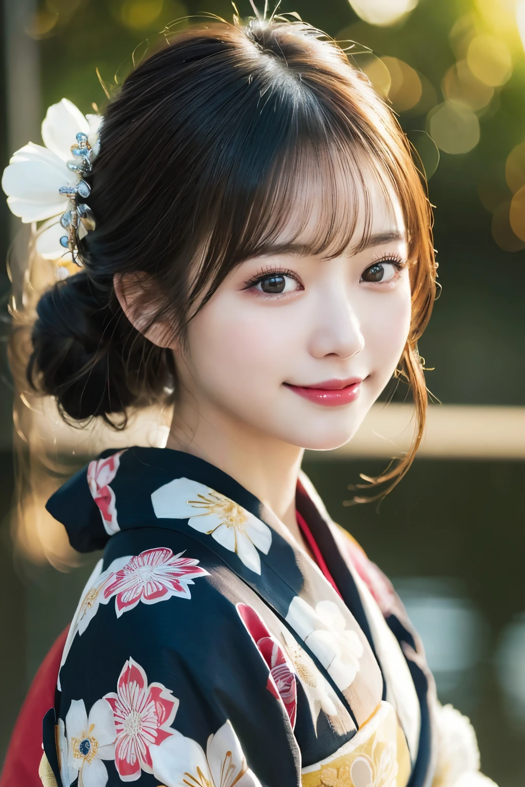 （kimono）、masterpiece、beautiful girl、Beautiful fine details、highest quality, 超A high resolution, (reality: 1.2), Cinema Lighting、(Japanese Girls)、so beautiful、Beautiful Skin、(Looking at the audience)、(Surreal)、(High resolution)、(8k)、(Very detailed)、(Beautiful fine details)、(Very detailed)、 (wallpaper)、Detailed face、Bright lighting、Professional Lighting、smile