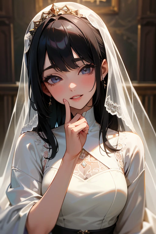 Miss((20 years old)), hair((Black)), Eye((smart Eye, Black)), clothing((White lace, 白色Wedding dress, Wedding dress)), hair bun, Headdress, veil, bouquet, huge , Large Breasts, Smile, Korean makeup, Heavy makeup, white church, Church Wedding,