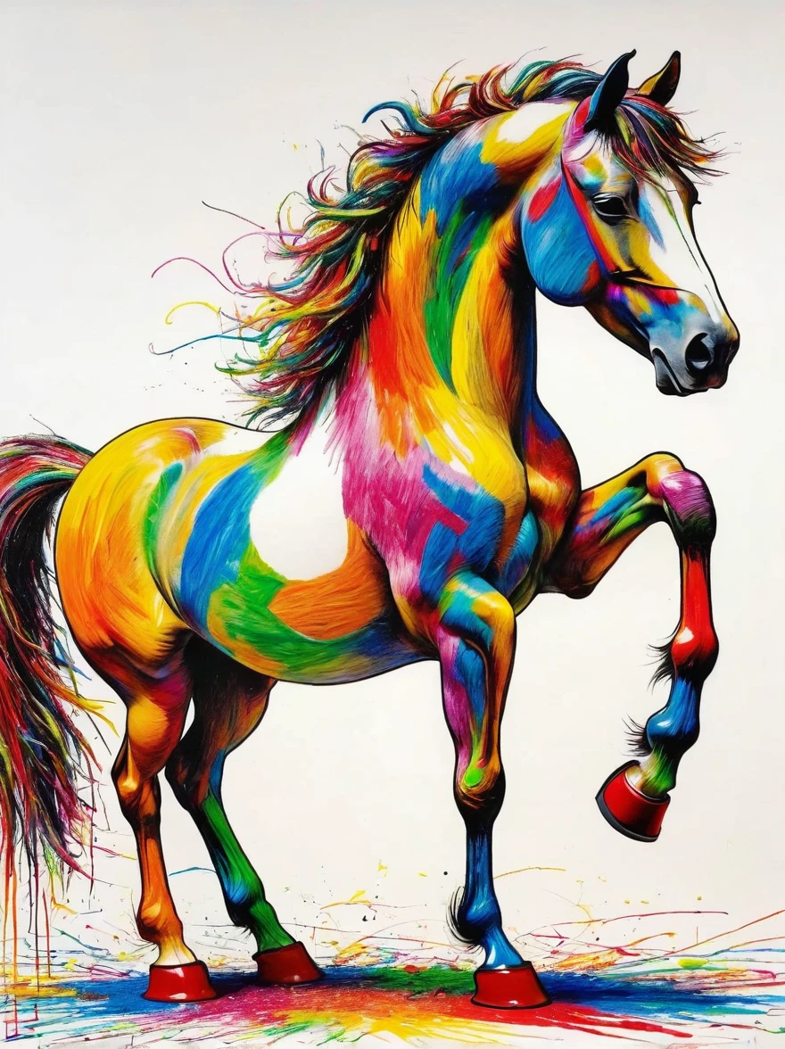 Drawing by Takashi Murakami and Peter 5 year olds scribble drawing of Horse, messy, crayons on white construction paper, not good, full body drawiing, unfinished, 4K, octane render