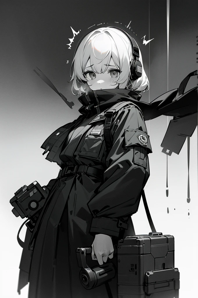 arm enterprise、Information Department、Observer、Non-combatant、Girl、、cute、Poor thing、weak々Shii、tears、introverted personality、Cowardice、be scared、sense of urgency、Modern weapons、Modern Arms、headphone、transceiver、Carrying communication equipment、Black theme、grayscale、Green accent color、High Contrast