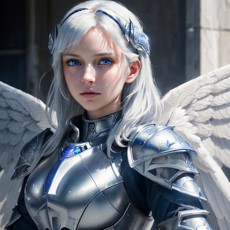((medium full shot))), (Masterpiece, photorealistic, photorealism, best quality, ultra-detailed:1.3), (nice hands, perfect hands), official art, cinematic light, (1girl:1.3), adult, armor, wings, solo, shoulder armor, blue eyes, pauldrons, white hair, looking at viewer, power armor