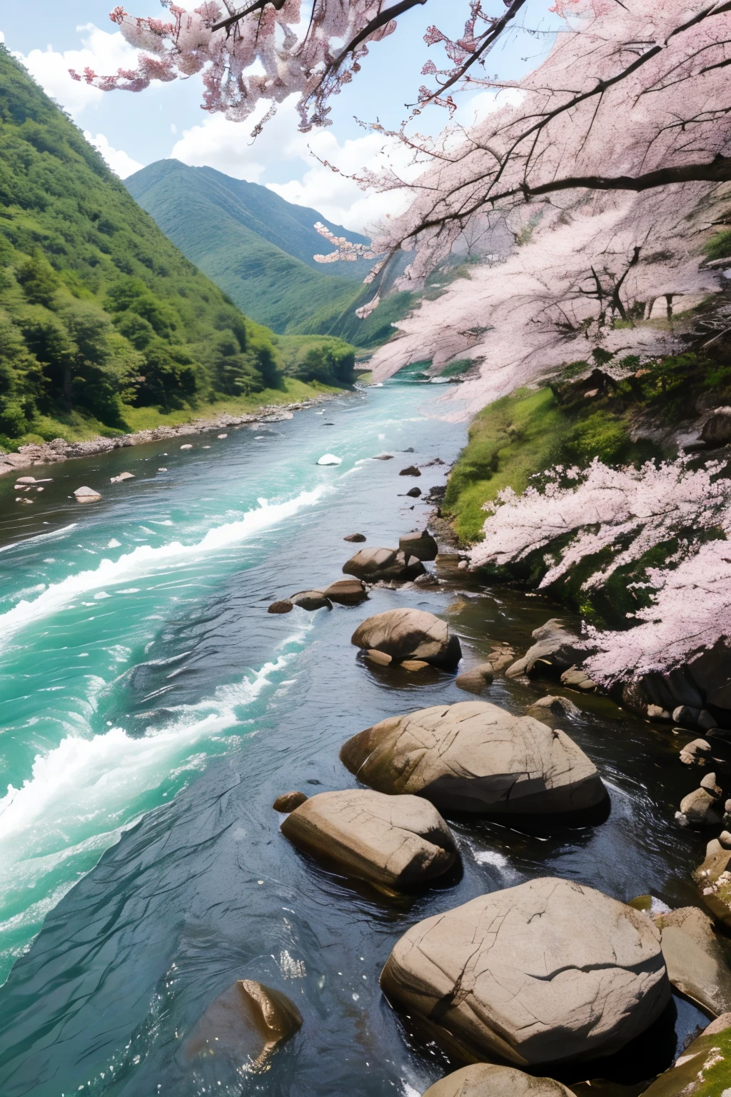 「Hozugawa River Cruise」teeth、This is a tourist activity where you can enjoy the beautiful scenery dotted with rapids and huge rocks.。春teeth桜、Close-up、Splash。