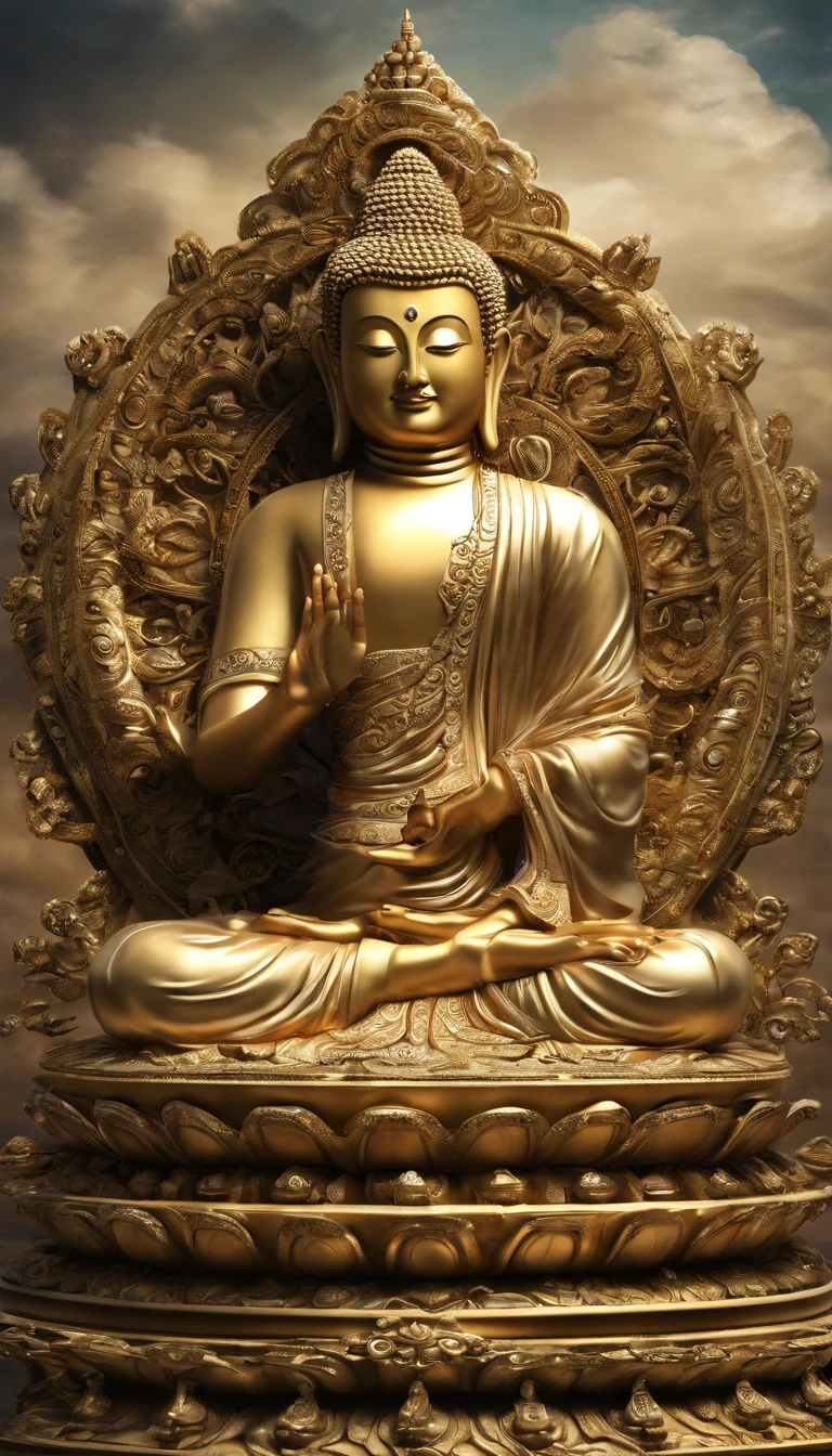 Three-dimensional image of Thai Buddha Surrounded by golden dharmachakra Floating in the middle of space Michelangelo style pictures