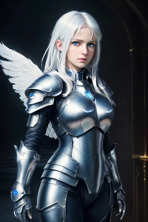 ((medium full shot))), (Masterpiece, photorealistic, photorealism, best quality, ultra-detailed:1.3), (nice hands, perfect hands), official art, cinematic light, (1girl:1.3), adult, armor, wings, solo, shoulder armor, blue eyes, pauldrons, white hair, looking at viewer, power armor