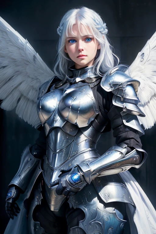 ((medium full shot))), (Masterpiece, photorealistic, photorealism, best quality, ultra-detailed:1.3), (nice hands, perfect hands), official art, cinematic light, (1girl:1.3), adult, armor, wings, solo, shoulder armor, blue eyes, pauldrons, white hair, looking at viewer, power armor