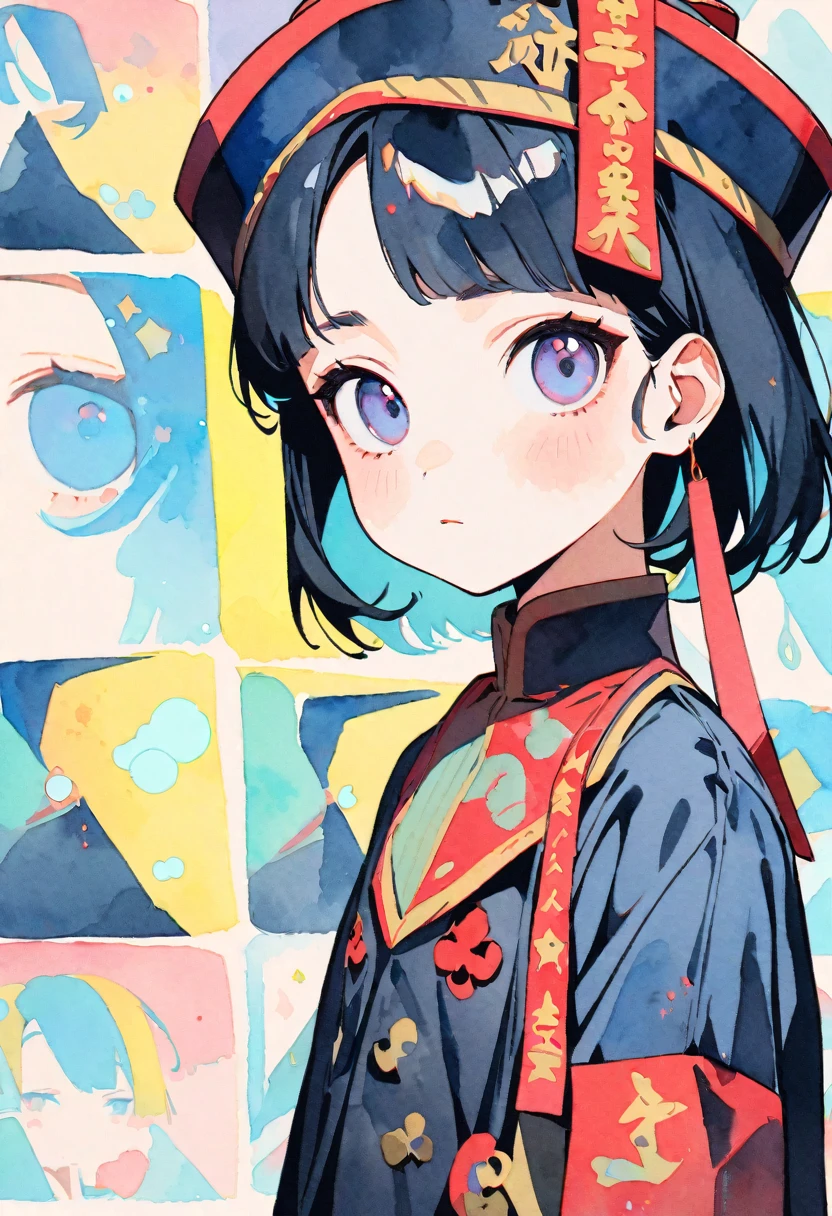 pop art,flat design,(masterpiece, best quality:1.1),
(ultra highres, ultra-detailed:1.2) ,Cute Jiangshi,16yo,navy hair,wavy short hair,parallel eyebrows,(Watercolor:1.3),