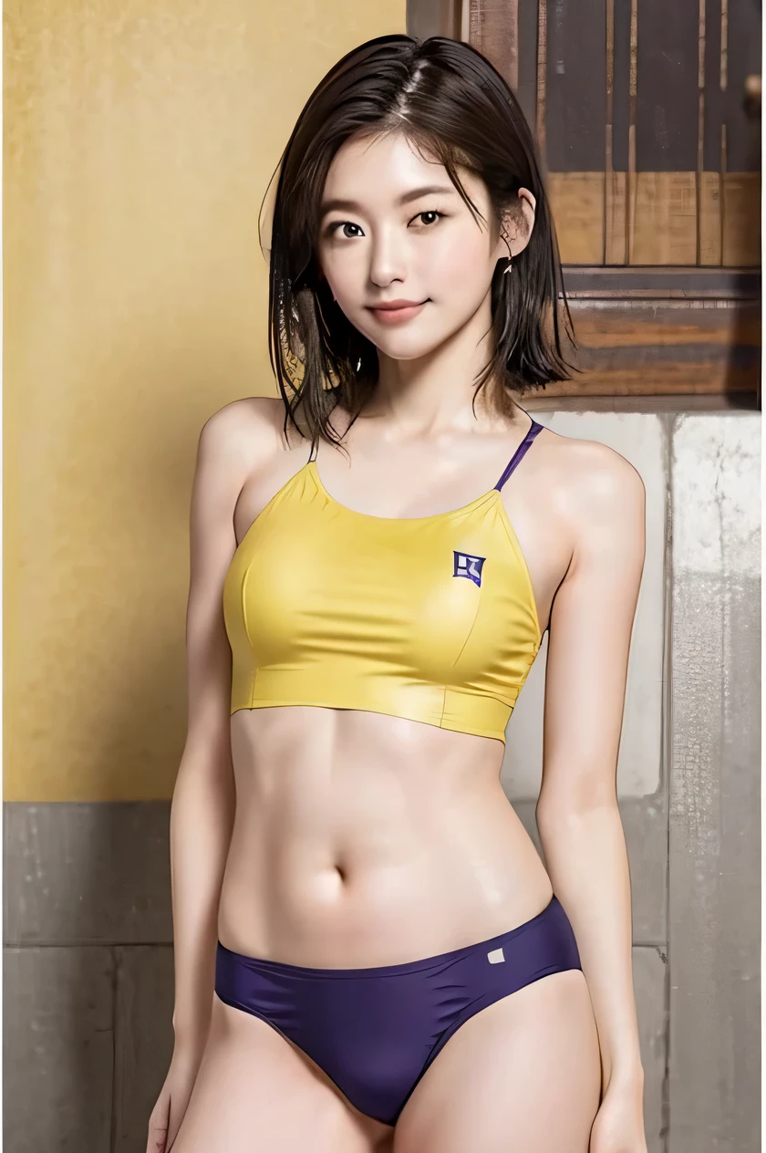 The beauty of 8K raw photos:2.0, Japanese woman, short hair, beautiful face and dark eyes, looking up, looking at the viewer:1.5, big smile, wet hair, tiny top, put hands on the hip, (purple swim wear:1.2), shinny skin, realistic:1.9, very detailed, cowboy shot from bottom:1.2, High resolution RAW color photos, professional photos, yellow wallpaper, standing, girl sexy portrait